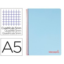 Cuaderno espiral liderpapel a5 micro wonder tapa plastico 120h 90g cuadro 5mm 5 bandas 6 taladros color celeste