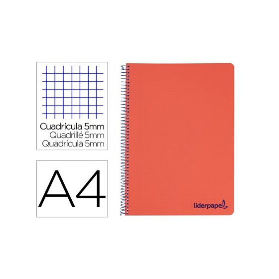 Cuaderno espiral liderpapel a4 micro wonder tapa plastico 120h 90 gr cuadro 5 mm 5 bandas 4 taladros color rojo