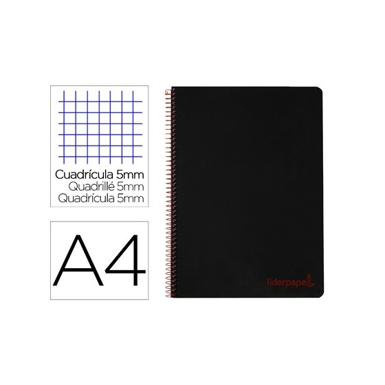 Cuaderno espiral liderpapel a4 micro wonder tapa plastico 120h 90 gr cuadro 5 mm 5 bandas 4 taladros color negro