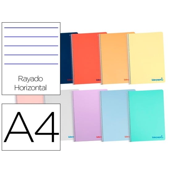 Cuaderno espiral liderpapel a4 wonder tapa plastico 80h 90gr rayado horizontal con margen colores surtidos