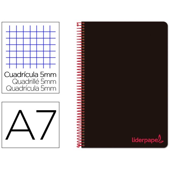 Cuaderno espiral liderpapel a7 micro wonder tapa plastico 100h 90 gr cuadro 5mm 4 bandas color negro