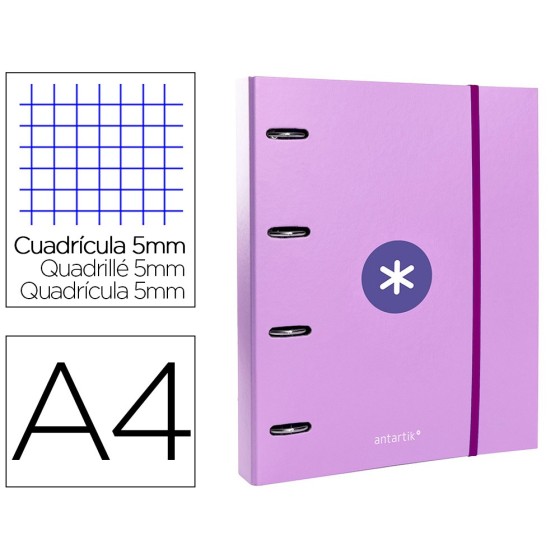Carpeta con recambio liderpapel antartik a4 cuadro 5mm forrada 4 anillas 40mm redondas color lavanda