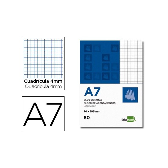 Bloc notas liderpapel cuadro 4mm a7 80 hojas 60g/m2 perforado