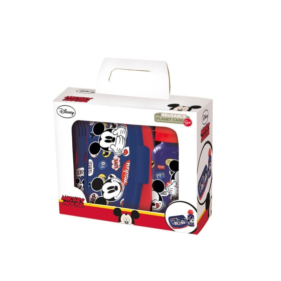 Set De Botella Y Sandwichera + Cubiertos Mickey Mouse Happy Smiles 