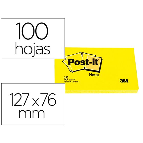Bloc De Notas Adhesivas Quita Y Pon Post-It 76X127 Mm Con 100 Hojas 655