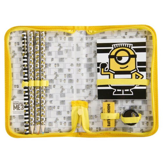 Bolso Portatodo Con Cremallera Minions Con Libreta Goma Sacapuntas Y Lapices Colores