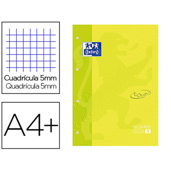 Recambio Color 1 Oxford Din A4+ 80 Hojas 90 Gr Cuadricula 5 Mm Tapa Blanda 4 Taladros Lima Touch