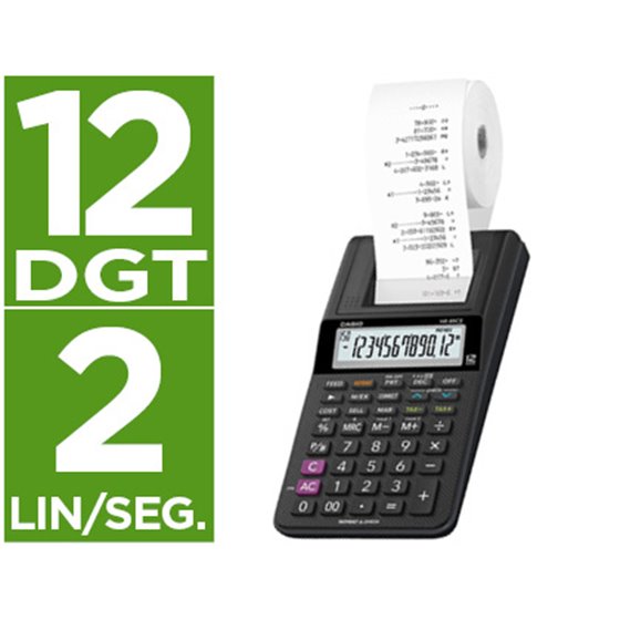 Calculadora Casio Impresora Pantalla Lc Papel 58Mm Hr-8Rce12 Digitos Ac/Dc Pilas Color Negro