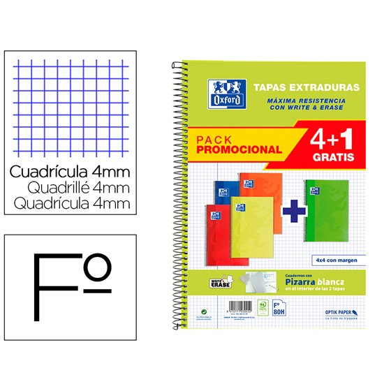 Cuaderno Espiral Oxford Tapa Extradura Folio 80 Hojas Cuadro 4 Mm Con Pizarra Blancapack 4+1 Colores Clasicos