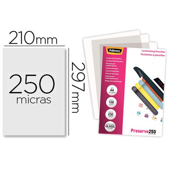 Bolsa De Plastificar Fellowes Brillo Din A4 250 Micras Pack De 100 Unidades