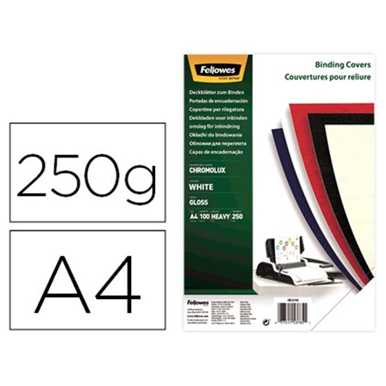 Tapa De Encuadernacion Fellowes Din A4 Carton Brillo Blanco Chromolux 250 Gr Pack De 100 Unidades
