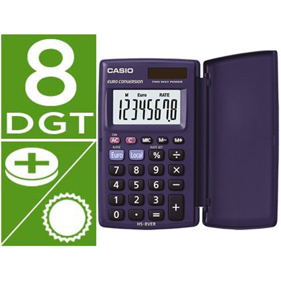 Calculadora Casio Hs-8Ver Bolsillo 8 Digitos Conversion Moneda Con Tapa Color Azul