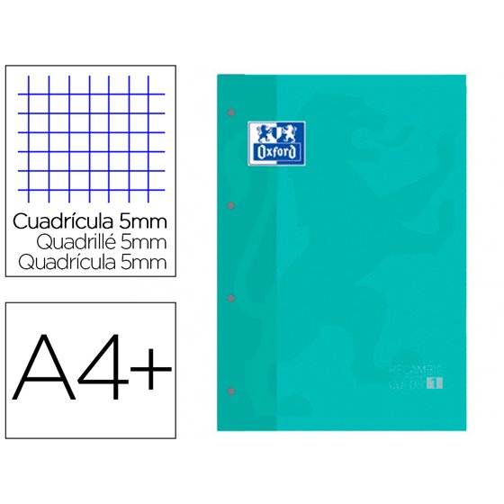Recambio Color 1 Oxford Din A4+ 80 Hojas 90 Gr Cuadro 5 Mm 4 Taladros Color Ice Mint
