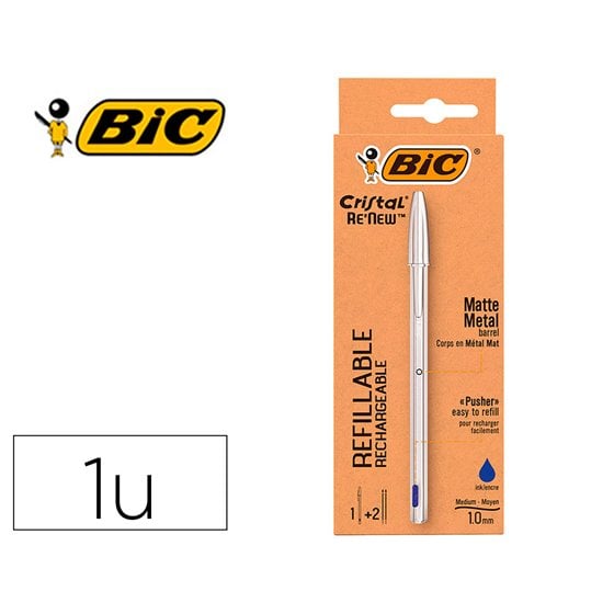 Boligrafo Bic Cristal Renew Tinta Azul Con Cuerpo En Aluminio Mate Mas 2 Recambios En Caja Carton