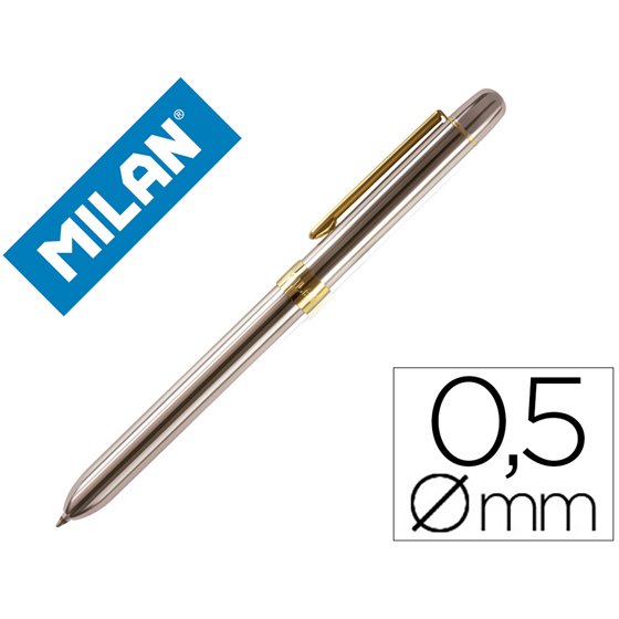 Boligrafo Milan Multifuncion Cromado Adornos Dorados Azul/Rojo/Portaminas 0,5 Mm/ Goma De Borrar En Caja Metal