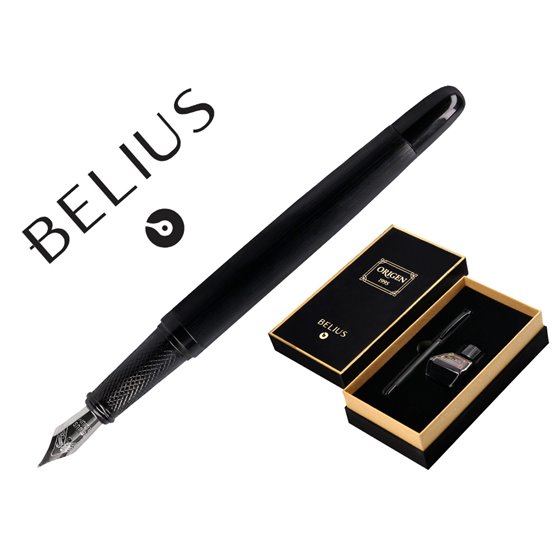 Pluma Y Frasco De Tinta Belius Origen 1995 Aluminio Textura Cepillada Color Negro Tinta Negra Caja Diseño
