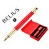 Pluma Y Estuche Cuero Belius Passion Dor Aluminio Textura Cepillada Color Rojo Y Dorado Tinta Azul Caja De Diseño
