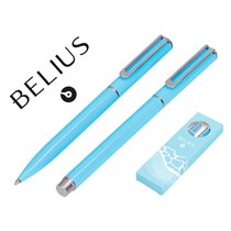 Juego Boligrafo Y Roller Belius Endless Summer Aluminio Color Celeste Y Plateado Tinta Azul Caja De Diseño