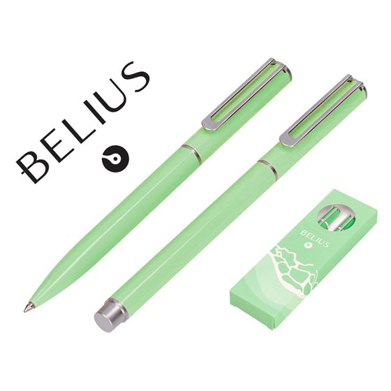 Juego Boligrafo Y Roller Belius Endless Summer Aluminio Color Verde Y Plateado Tinta Azul Caja De Diseño