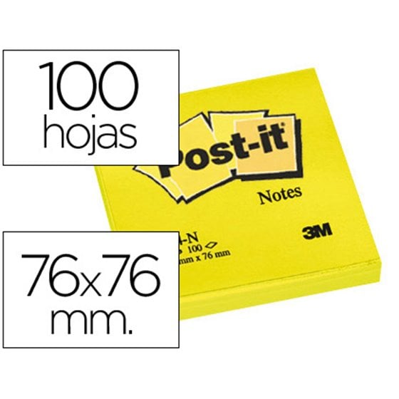 Bloc De Notas Adhesivas Quita Y Pon Post-It 76X76 Mm Amarillo Neon Con 100 Hojas