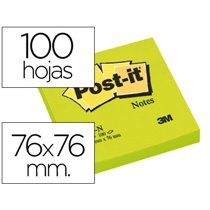 Bloc De Notas Adhesivas Quita Y Pon Post-It 76X76 Mm Verde Neon Con 100 Hojas