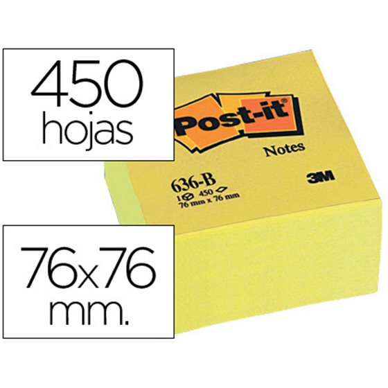 Bloc De Notas Adhesivas Quita Y Pon Post-It 76X76X45 Mm Cubo Color Amarillo 450 Hojas