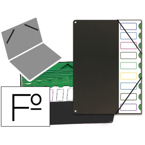 Carpeta Clasificador Tapa De Plastico Pardo Folio -9 Departamentos Negro