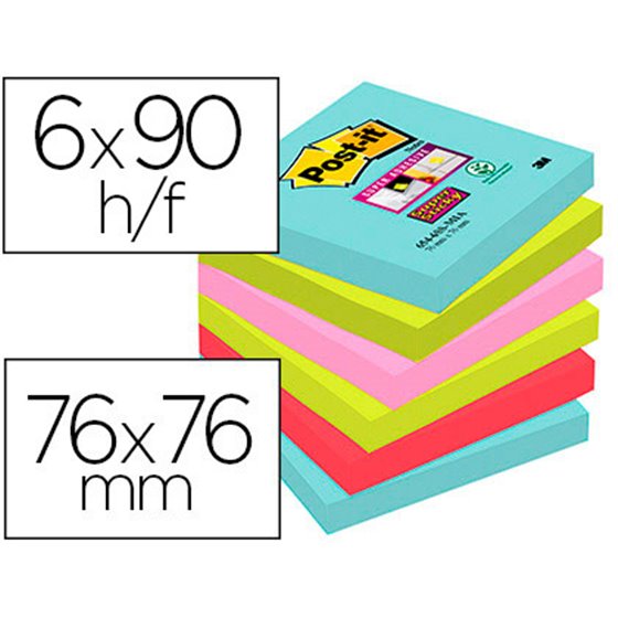 Bloc De Notas Adhesivas Quita Y Pon Post-It Super Sticky 76X76 Mm Con 90 Hojas Pack De 6 Unidades Colores Miami