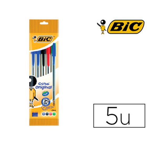 Boligrafo Bic Cristal Original Bolsa De 5 Unidades Colores Surtidos 2 Azul /1 Negro /1 Rojo /1 Verde