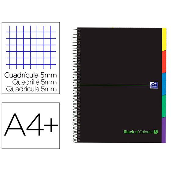 Cuaderno Espiral Oxford Ebook 5 Tapa Extradura Din A4+ 100 H Con Separadores Cuadricula 5 Mm Black'N Colors Verde