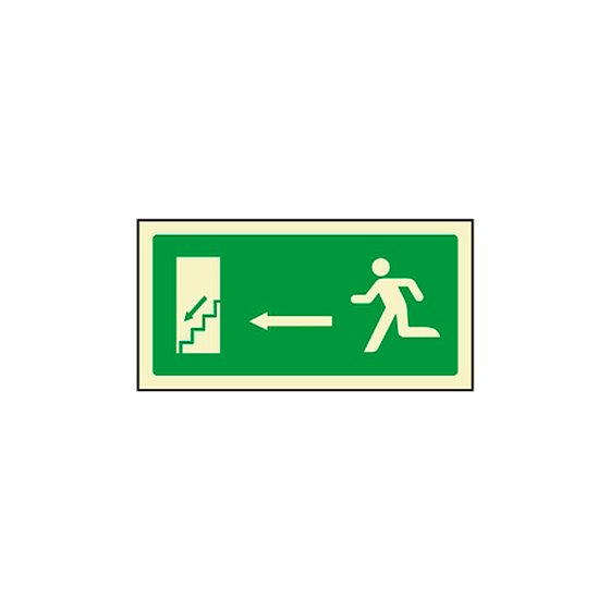 Pictograma Syssa Señal De Salida Emergencia Izquierda Escalera Bajando En Pvc Fotoluminiscente 320X160 Mm