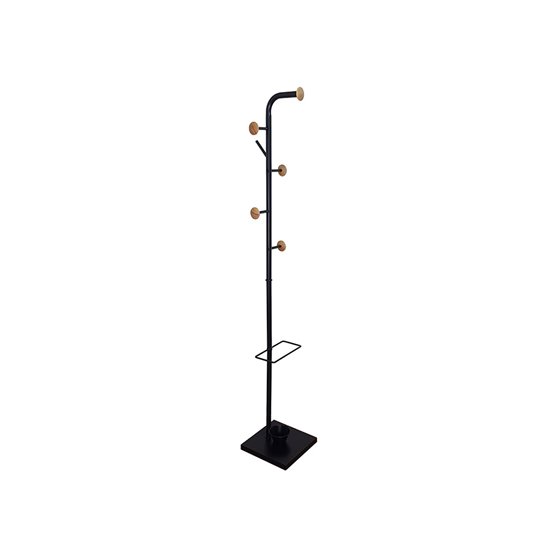 Perchero Metalico Q-Connect Negro Con Detalles De Madera 6 Colgadores Y Paraguero 174X28,5 Cm