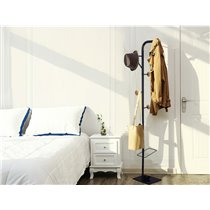Perchero Metalico Q-Connect Negro Con Detalles De Madera 6 Colgadores Y Paraguero 174X28,5 Cm