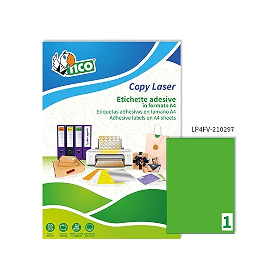 Etiqueta Adhesiva Tico Verde Fluor Permanente Fsc Laser/ Inkjet/Fotocopia 210X297 Mm Caja De 70 Unidades
