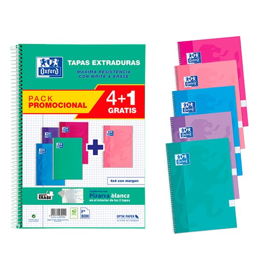 Cuaderno Espiral Oxford Tapa Extradura Folio 80 Hojas Cuadro 4 Mm Con Pizarra Blancapack 4+1 Colores Tendencia