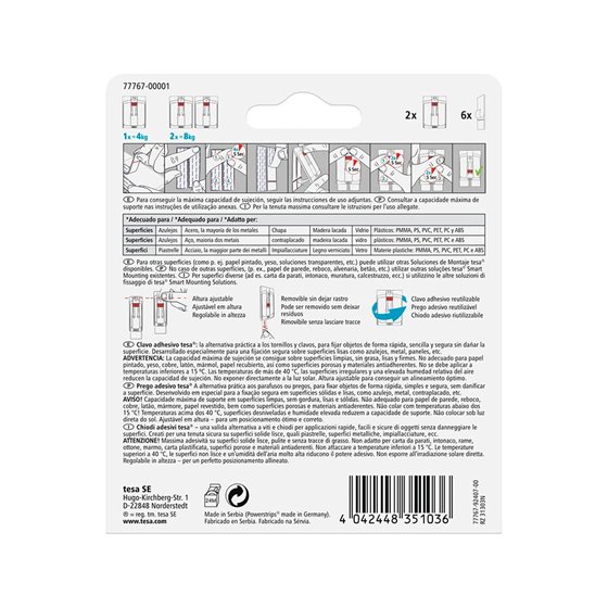 Clavo Autoadhesivo Tesa Sujecion Hasta 4 Kg Uso Azulejos Removible Blister De 2 Unidades