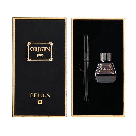 Pluma Y Frasco De Tinta Belius Origen 1995 Aluminio Textura Cepillada Color Negro Tinta Negra Caja Diseño