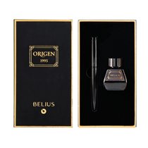Pluma Y Frasco De Tinta Belius Origen 1995 Aluminio Textura Cepillada Color Negro Tinta Negra Caja Diseño