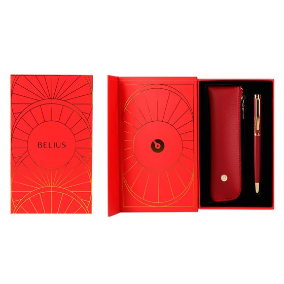 Pluma Y Estuche Belius Soiree Color Art Deco Granate Y Dorado Tinta Azul Caja De Diseño