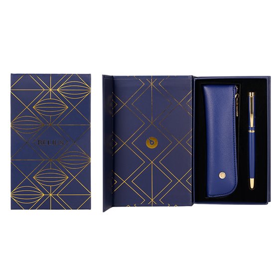 Pluma Y Estuche Belius Soiree Color Art Deco Azul Marino Y Dorado Tinta Azul Caja De Diseño