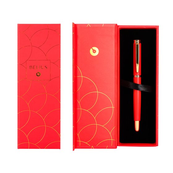 Pluma Belius Passion Dor Aluminio Textura Cepillada Color Rojo Y Dorado Tinta Azul Caja De Diseño