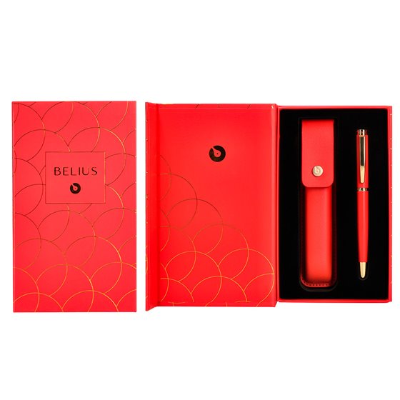 Pluma Y Estuche Cuero Belius Passion Dor Aluminio Textura Cepillada Color Rojo Y Dorado Tinta Azul Caja De Diseño