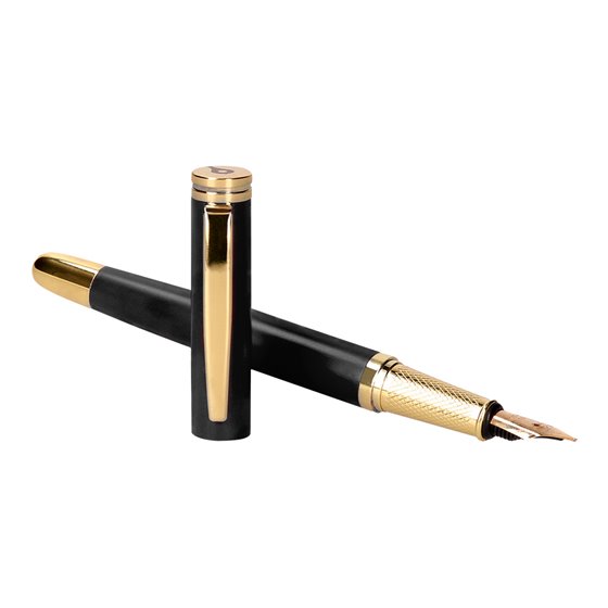 Pluma Y Estuche Cuero Belius Passion Dor Aluminio Textura Cepillada Color Negro Y Dorado Tinta Azul Caja Diseño
