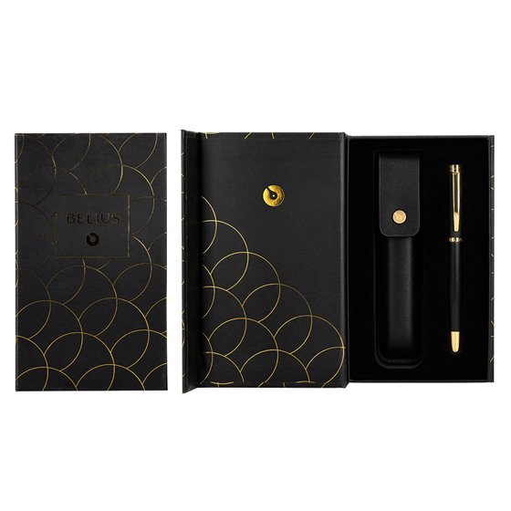 Pluma Y Estuche Cuero Belius Passion Dor Aluminio Textura Cepillada Color Negro Y Dorado Tinta Azul Caja Diseño