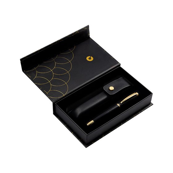 Pluma Y Estuche Cuero Belius Passion Dor Aluminio Textura Cepillada Color Negro Y Dorado Tinta Azul Caja Diseño
