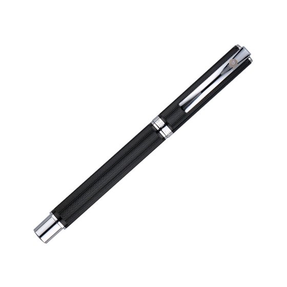 Pluma Y Estuche Belius Turbo Aluminio Textura Punteada Color Negro Y Plateado Tinta Azul Caja De Diseño
