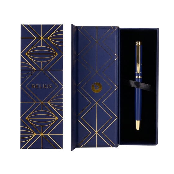 Boligrafo Belius Soiree Aluminio Color Azul Marino Y Dorado Tinta Azul Caja De Diseño
