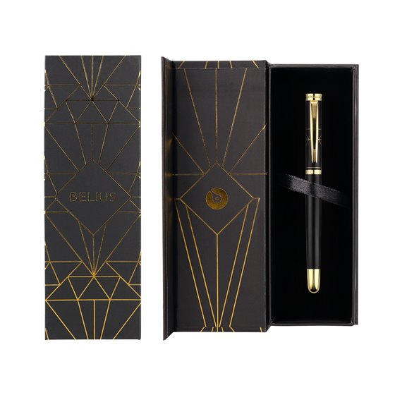 Boligrafo Belius Soiree Aluminio Color Art Deco Negro Y Dorado Tinta Azul Caja De Diseño