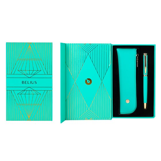 Boligrafo Y Estuche Belius Soiree Color Art Deco Turquesa Y Dorado Tinta Azul Caja De Diseño
