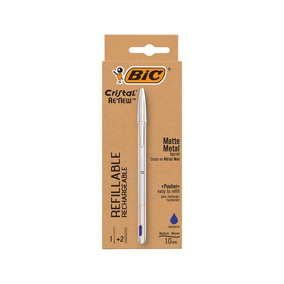 Boligrafo Bic Cristal Renew Tinta Azul Con Cuerpo En Aluminio Mate Mas 2 Recambios En Caja Carton